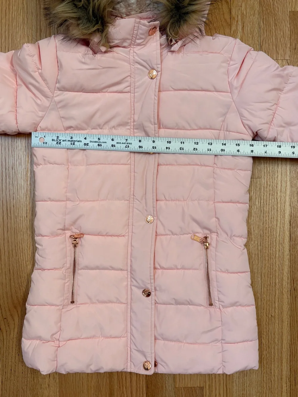 Justice Light Pink Puffer Coat with Faux Fur Hood